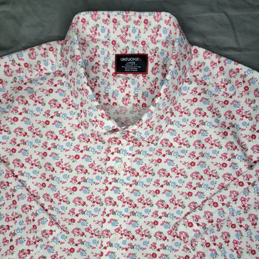 UNTUCKit Button Up Shirt Mens Large Floral Red Performance Stretch Short Sleeve